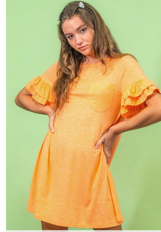 French Terry Ruffle Pocket Tee Shirt Dress