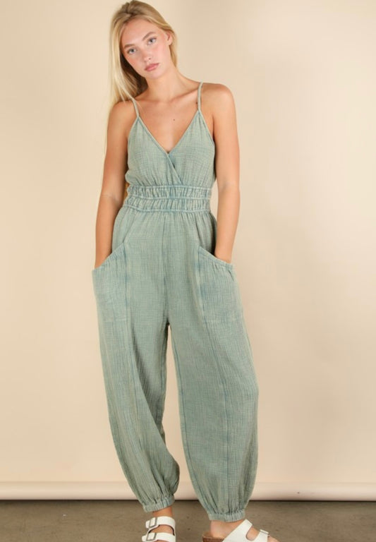 Mineral Washed Cotton Gauze Casual Jumpsuit