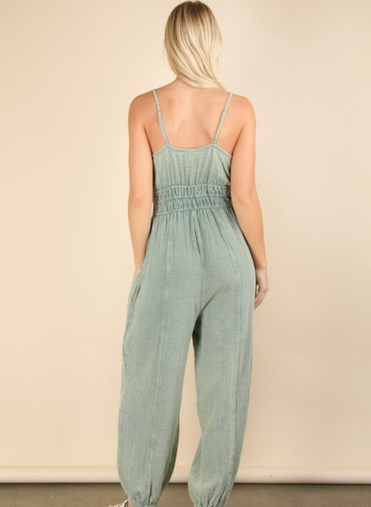 Mineral Washed Cotton Gauze Casual Jumpsuit