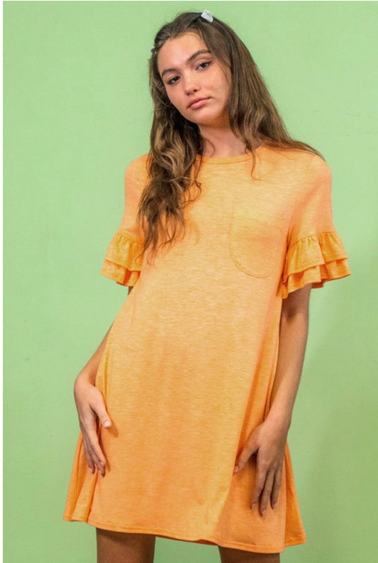 French Terry Ruffle Pocket Tee Shirt Dress